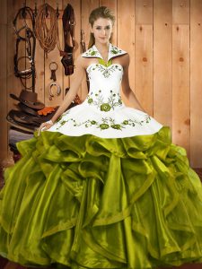 Embroidery and Ruffles Quinceanera Gown Olive Green Lace Up Sleeveless Floor Length