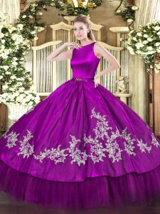 High End Scoop Sleeveless Clasp Handle Quince Ball Gowns Fuchsia Satin and Tulle