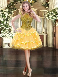 Modern Cap Sleeves Organza Mini Length Zipper Prom Evening Gown in Gold with Beading and Ruffled Layers