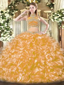 Gold Two Pieces Beading and Ruffles 15 Quinceanera Dress Backless Tulle Sleeveless Floor Length