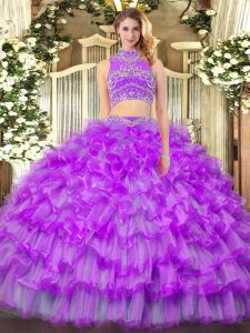 Purple Backless High-neck Beading and Ruffled Layers Vestidos de Quinceanera Tulle Sleeveless