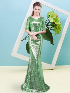 Glamorous Mermaid Evening Dress Green Scoop Sequined Half Sleeves Floor Length Zipper