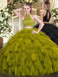 Adorable Olive Green Halter Top Backless Beading and Ruffles Quinceanera Dress Sleeveless