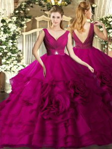 Fuchsia Ball Gowns Organza V-neck Sleeveless Beading and Ruffles Floor Length Backless Sweet 16 Dress