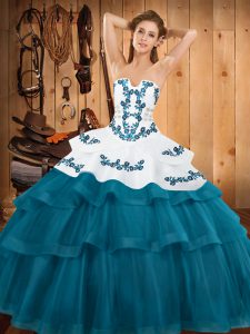 Clearance Teal Sleeveless Embroidery and Ruffled Layers Lace Up Quince Ball Gowns