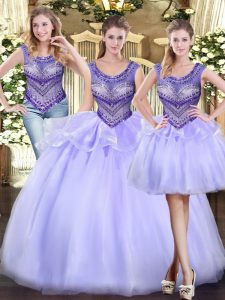 Customized Scoop Sleeveless Lace Up Quinceanera Dress Lavender Tulle