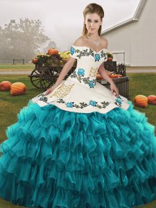Sleeveless Floor Length Embroidery and Ruffled Layers Lace Up Sweet 16 Dress with Teal