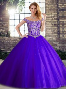 Excellent Purple Quinceanera Gown Military Ball and Sweet 16 and Quinceanera with Beading Off The Shoulder Sleeveless Br