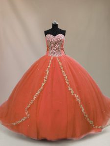 Custom Made Orange Quinceanera Gown Tulle Brush Train Sleeveless Beading
