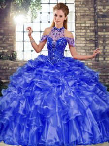 Latest Blue Halter Top Lace Up Beading and Ruffles Quinceanera Dresses Sleeveless