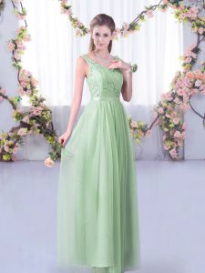 Luxury Apple Green Sleeveless Lace and Belt Floor Length Quinceanera Court Dresses