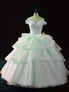 Exceptional Brush Train Ball Gowns Quince Ball Gowns Apple Green Off The Shoulder Organza Sleeveless Lace Up