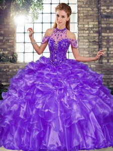 Dramatic Floor Length Lace Up Quinceanera Dresses Purple for Military Ball and Sweet 16 and Quinceanera with Beading and
