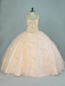 Pretty Champagne Tulle Lace Up Sweet 16 Dress Sleeveless Floor Length Beading and Ruffles