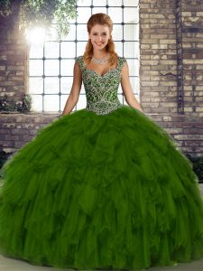 Straps Sleeveless Quinceanera Gown Floor Length Beading and Ruffles Olive Green Organza