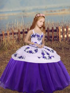 Floor Length Lace Up Kids Pageant Dress Eggplant Purple and Purple for Party and Wedding Party with Embroidery