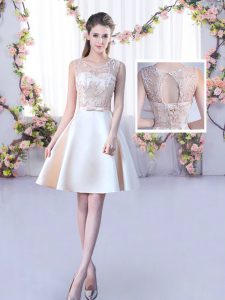 Super Champagne Scoop Neckline Lace and Belt Dama Dress for Quinceanera Sleeveless Lace Up