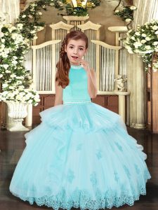 Customized Aqua Blue Tulle Backless Halter Top Sleeveless Floor Length Kids Formal Wear Beading and Appliques