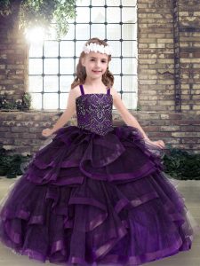 Tulle Straps Sleeveless Lace Up Beading and Ruffles Little Girls Pageant Gowns in Purple