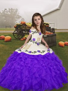 Purple Ball Gowns Embroidery and Ruffles Little Girls Pageant Dress Lace Up Organza Sleeveless Floor Length
