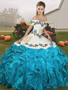 Cute Sleeveless Floor Length Embroidery and Ruffles Lace Up Quinceanera Gowns with Blue And White