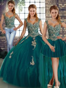 Sleeveless Floor Length Beading and Appliques Lace Up Quinceanera Dress with Peacock Green