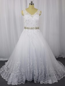 White Zipper Bridal Gown Beading and Lace Sleeveless Brush Train
