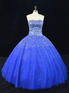 Royal Blue Ball Gowns Tulle Strapless Sleeveless Beading Floor Length Lace Up Quinceanera Gown