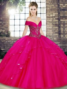 Fuchsia Ball Gowns Off The Shoulder Sleeveless Tulle Floor Length Lace Up Beading and Ruffles Ball Gown Prom Dress