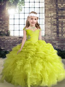 Sleeveless Lace Up Floor Length Beading and Ruffles and Pick Ups Girls Pageant Dresses