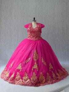Ball Gowns Sleeveless Hot Pink Sweet 16 Dresses Court Train Lace Up