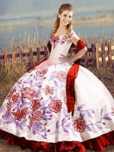 Superior White And Red Sleeveless Satin Lace Up Quince Ball Gowns for Sweet 16 and Quinceanera