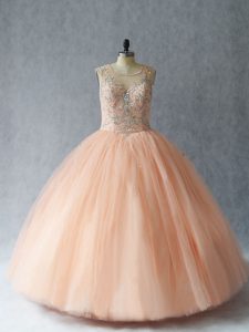 Floor Length Peach Sweet 16 Dresses Tulle Sleeveless Beading