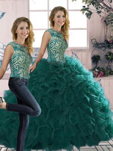 Floor Length Peacock Green Quinceanera Gowns Scoop Sleeveless Lace Up