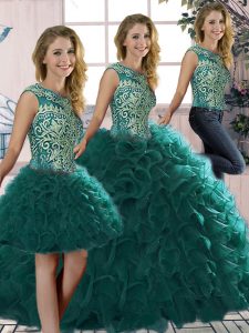 Gorgeous Peacock Green Quinceanera Gown Military Ball and Sweet 16 and Quinceanera with Beading and Ruffles Scoop Sleeve