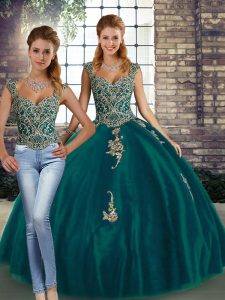 Classical Peacock Green Sleeveless Beading and Appliques Floor Length Quince Ball Gowns