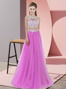 Lilac Sleeveless Floor Length Lace Zipper Quinceanera Dama Dress