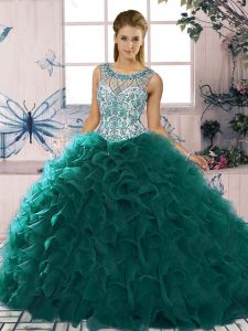 Floor Length Ball Gowns Sleeveless Peacock Green 15th Birthday Dress Lace Up
