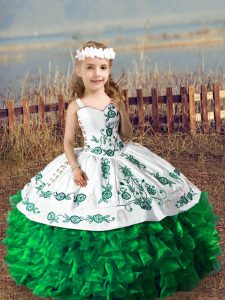 High Class Green Lace Up Child Pageant Dress Embroidery and Ruffles Sleeveless Floor Length