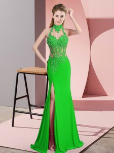 Green Column/Sheath Chiffon Halter Top Sleeveless Lace and Appliques Floor Length Backless Prom Dresses