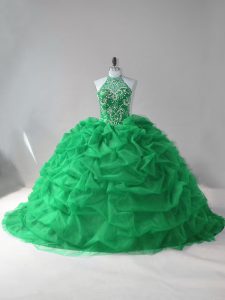 Halter Top Sleeveless Tulle Quinceanera Gowns Beading and Pick Ups Court Train Lace Up