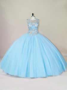 Lovely Blue Ball Gowns Beading Quinceanera Gown Lace Up Tulle Sleeveless Floor Length