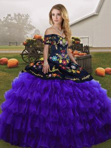 New Arrival Black And Purple Lace Up Sweet 16 Dress Embroidery and Ruffled Layers Sleeveless Floor Length