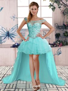 Aqua Blue Lace Up Off The Shoulder Beading and Ruffles Prom Party Dress Tulle Sleeveless