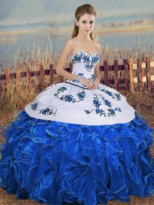 Blue And White Sleeveless Organza Lace Up Quinceanera Gowns for Military Ball and Sweet 16 and Quinceanera
