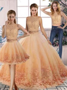 Graceful Lace Quinceanera Dresses Peach Backless Sleeveless Sweep Train