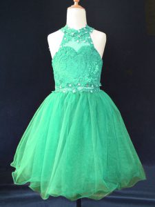 Green Organza Lace Up Halter Top Sleeveless Mini Length Little Girls Pageant Dress Beading and Lace