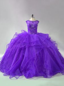 Purple Ball Gowns Scoop Sleeveless Organza Brush Train Lace Up Beading and Ruffles Quinceanera Gowns