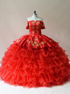 Red Lace Up 15 Quinceanera Dress Embroidery and Ruffled Layers Sleeveless Floor Length
