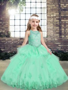 Apple Green Lace Up Little Girls Pageant Dress Lace and Appliques Sleeveless Floor Length